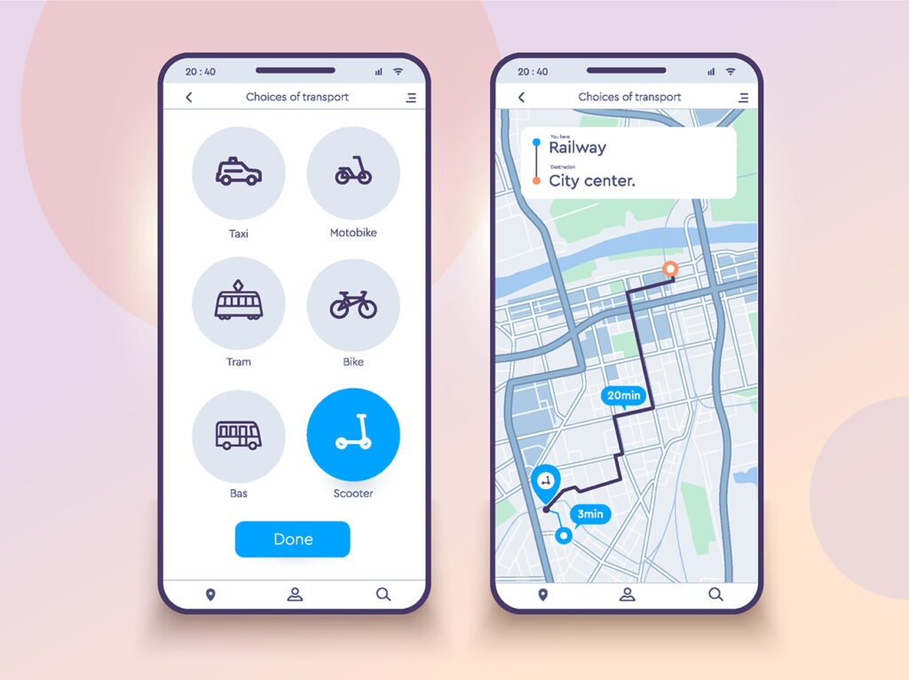 Icons of different kind of transport, rent of transport. Navigation city map. phone app.
